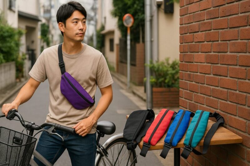 自転車に乗る日本人男性が紫の斜め掛けポーチを装着し、横のテーブルに色違いのメッセンジャータイプが並ぶ様子。