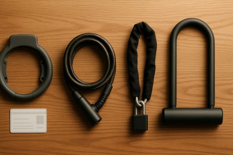 自転車のロック種類（リング錠・ワイヤー・チェーン・U字）の比較フラットレイ。