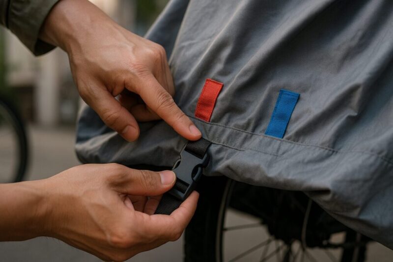 自転車の前後タグを指差し、バックルを留める手元アップ。イメージ