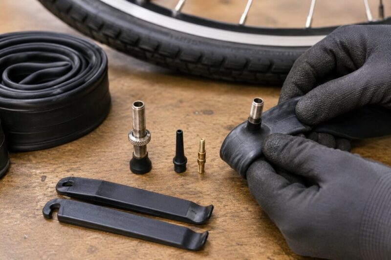 自転車の虫ゴムとチューブを点検する作業台