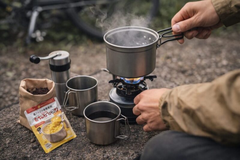 自転車キャンプで湯沸かし中心の時短料理を楽しむイメージ