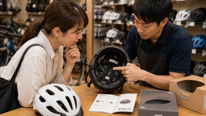 自転車店でヘルメット内側の安全表示を店員と確認する購入者