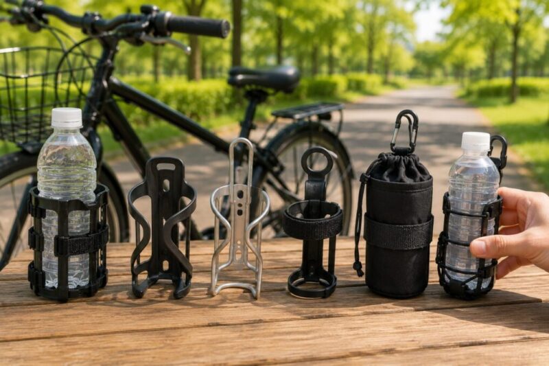 自転車用ドリンクホルダーや吊り下げタイプのボトルホルダーを並べて比較する様子