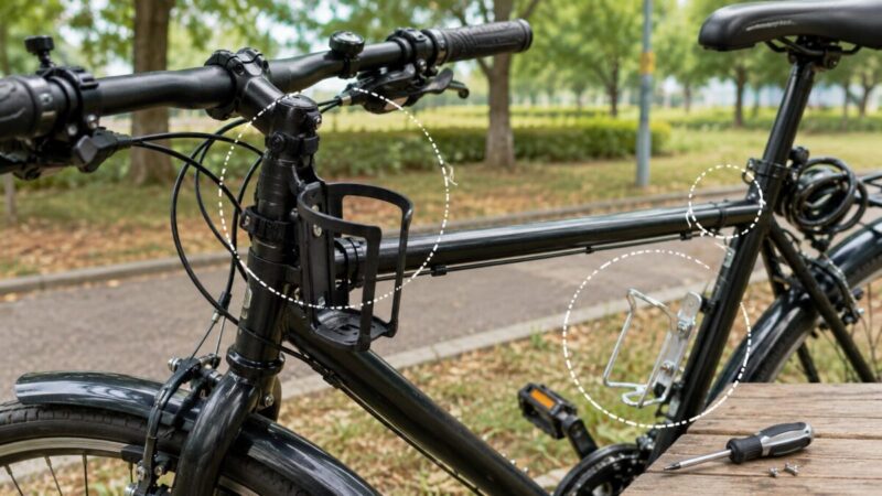 自転車用ドリンクホルダーを取り付ける前にハンドルやフレーム周辺を確認する様子