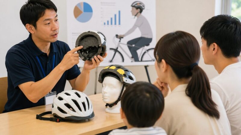 自転車用ヘルメットの衝撃吸収構造について説明を受ける家族