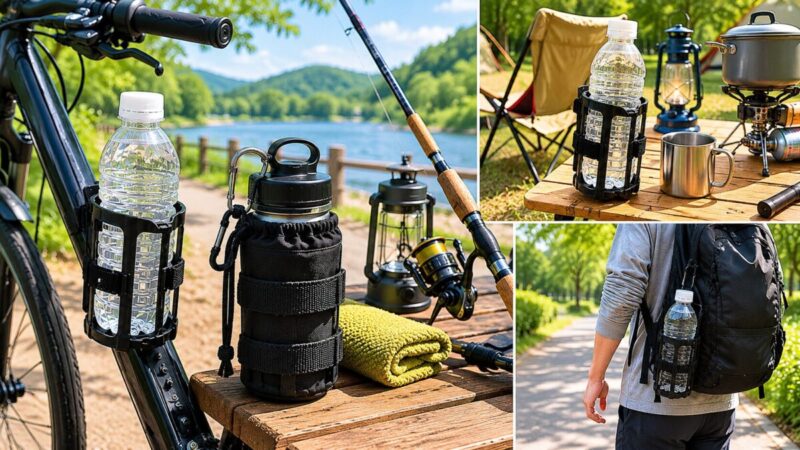 自転車用ペットボトルホルダーをサイクリングやキャンプや散歩で使う場面をまとめたイメージ