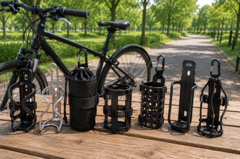 自転車用ボトルホルダーとスポーツ向けボトルケージを並べて買い替え候補を比較する様子