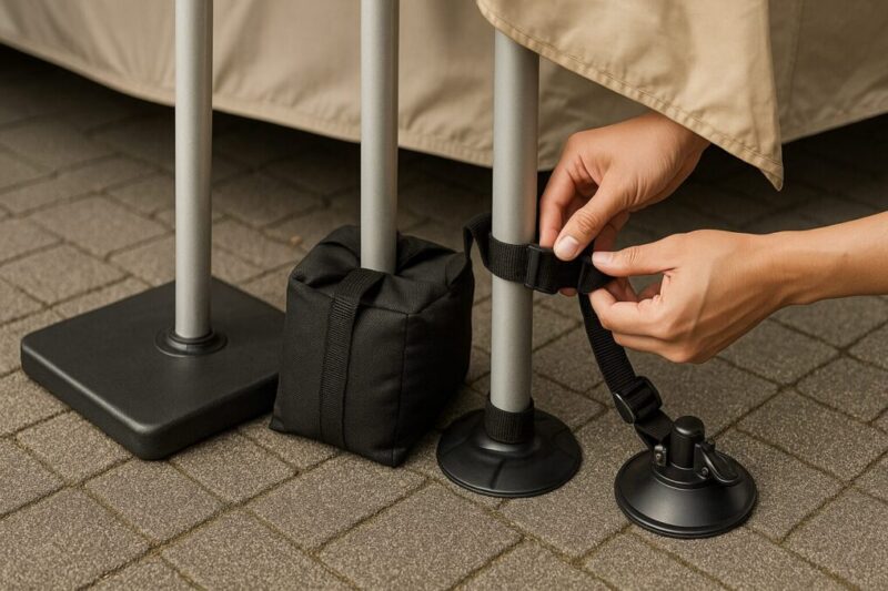 舗装や公園でテントを固定する3つの方法（プレート・サンドバッグ・吸盤アンカー）の比較クローズアップ。