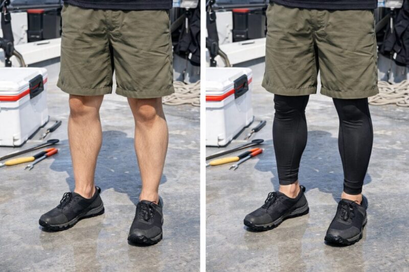 船のデッキで半ズボンだけの場合とレギンスを合わせた場合の違いを見比べられる比較イメージ