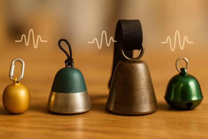 色や形の異なる熊鈴を並べ、音の違いを示す波形風アイコンを添えた比較イメージ。