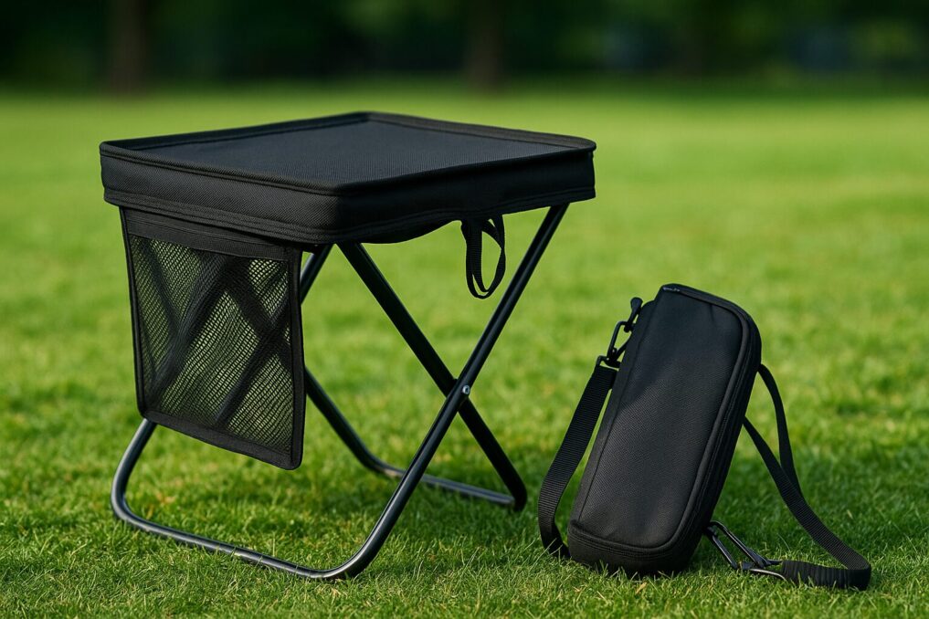 芝生で使う軽量ミニ折りたたみ椅子と収納袋のイメージ