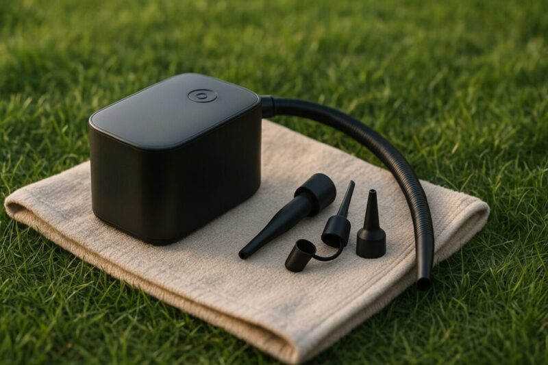 芝生の上に厚手マットを敷き、汎用の電動ポンプ本体とノズル群をクローズアップイメージ