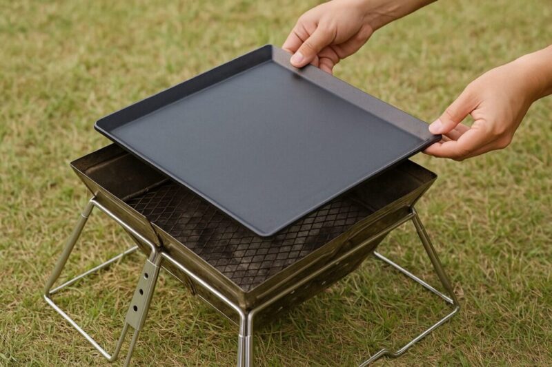 芝生サイトで日本人の手が無地の角型鉄板を焚き火台フレームにぴたりと載せる様子。