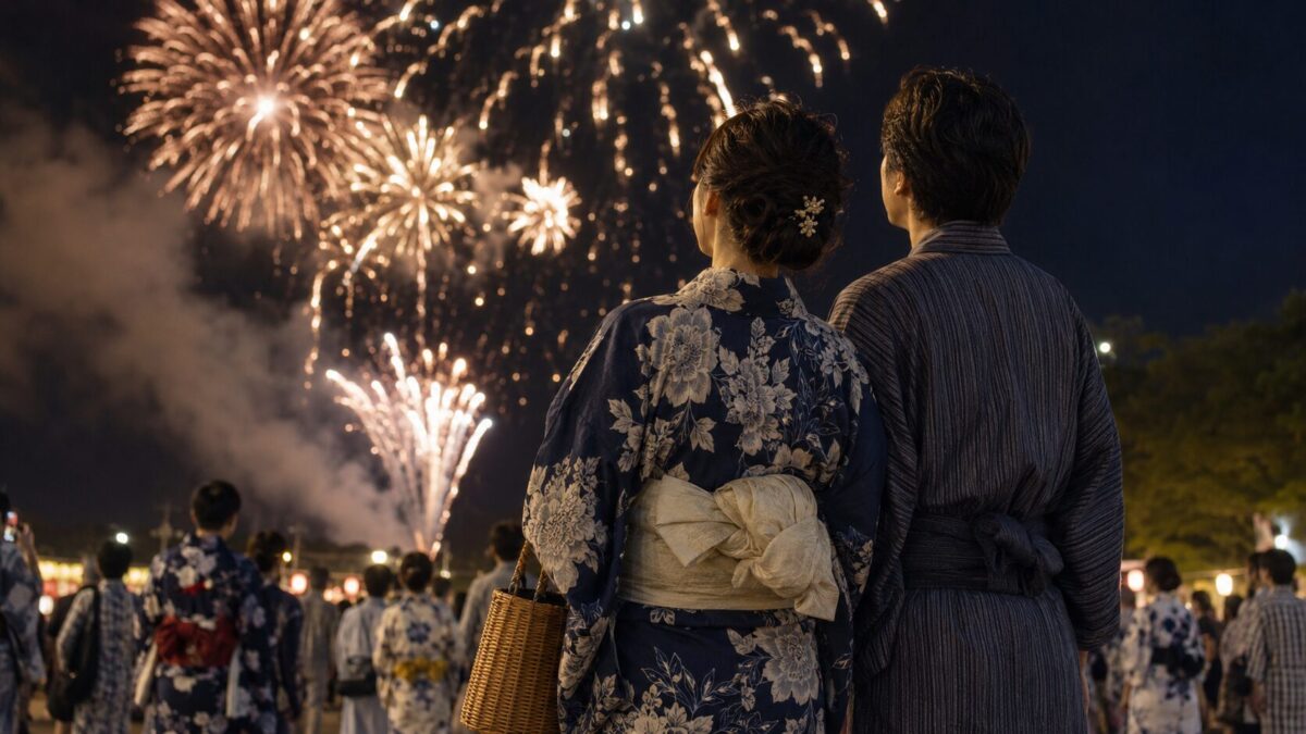 花火大会で大人男女が上品な浴衣を着て花火を見上げている様子