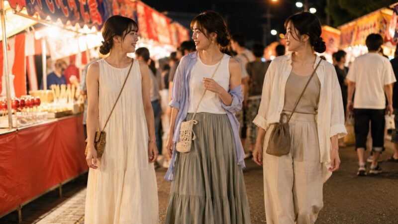 花火大会で女性が着やすいワンピースとパンツの屋外向きコーデ
