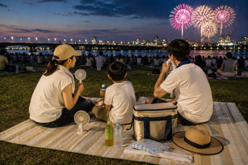 花火大会で帽子やハンディファンなどの暑さ対策グッズを使って過ごす様子