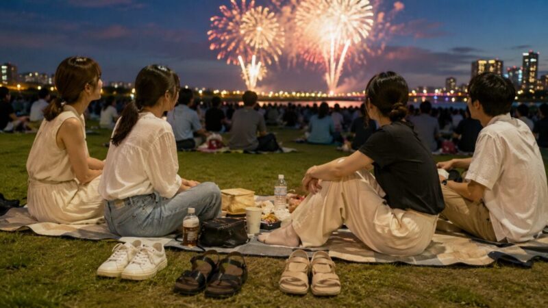 花火大会で歩きやすく座りやすい浴衣以外の服装を選ぶ人たち