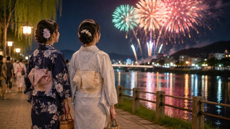 花火大会で浴衣と夏着物の見え方を比較する和装姿のイメージ
