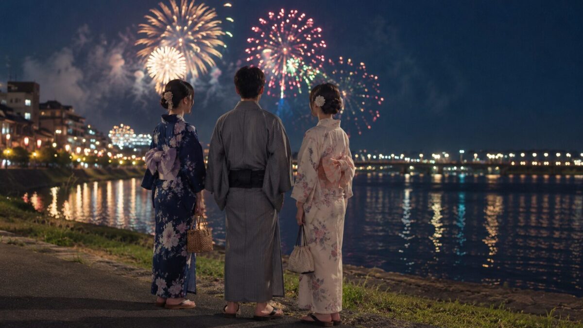花火大会で浴衣と着物の違いを比較する夏の和装コーデのイメージ