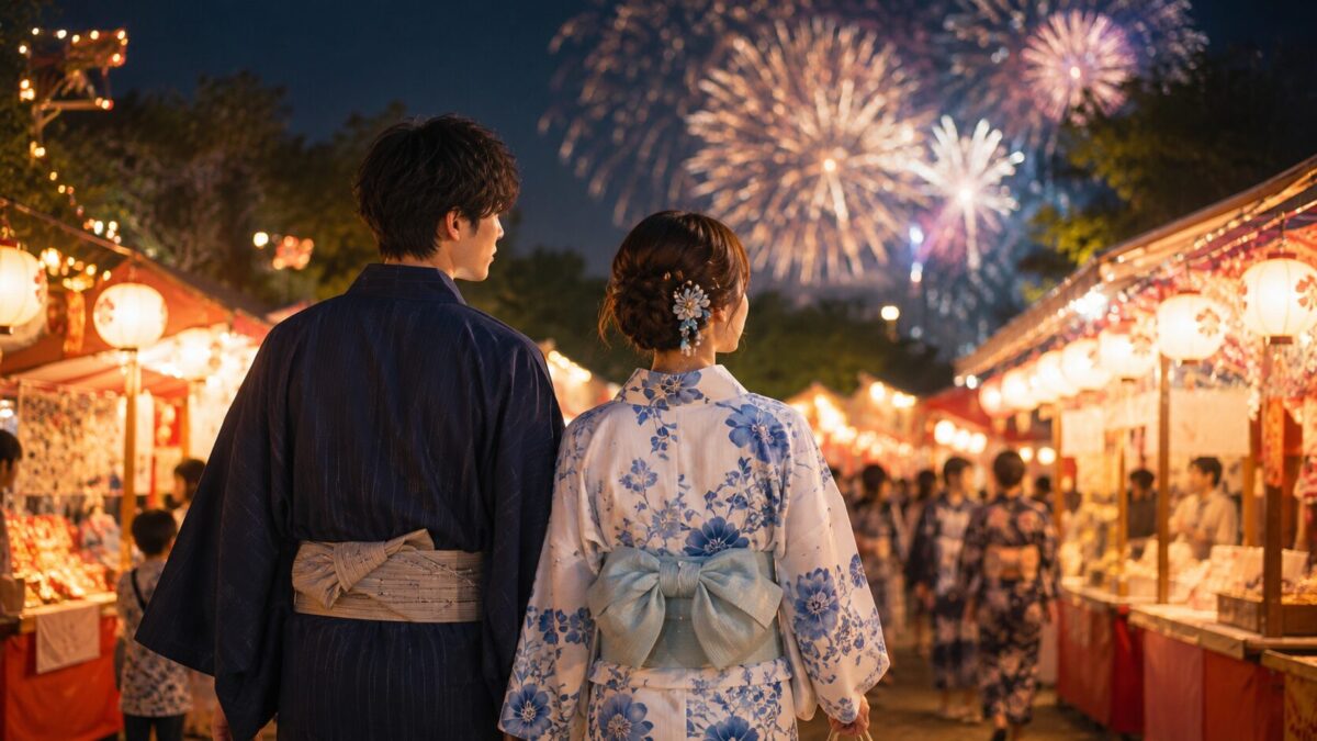 花火大会で浴衣デートを楽しむ男女の後ろ姿と屋台の灯り