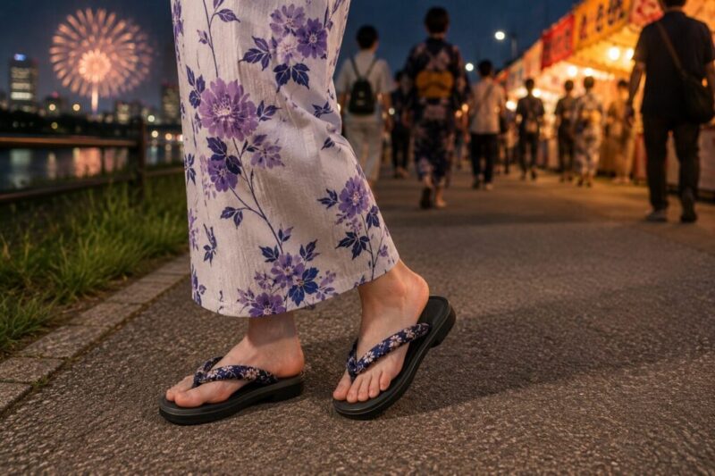 花火大会で長く歩けるクッション性のあるサンダルを浴衣に合わせた足元のイメージ