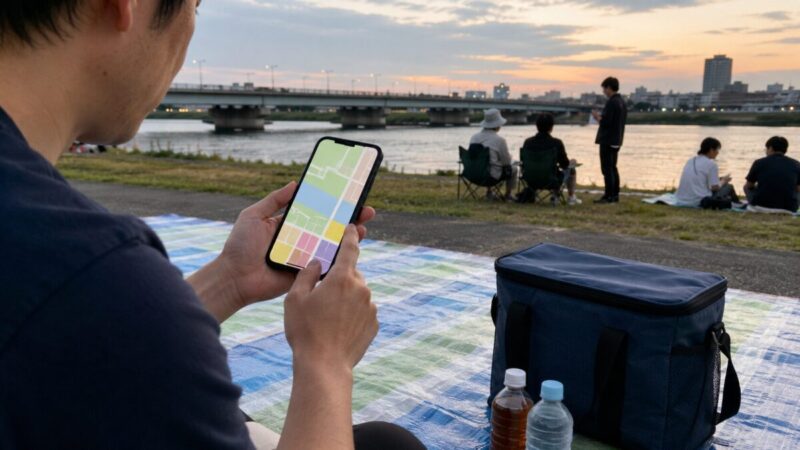 花火大会の会場ルールと到着時間をスマホで確認する様子