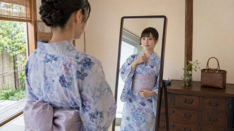 花火大会前に浴衣の衿元と着崩れを鏡で確認する女性