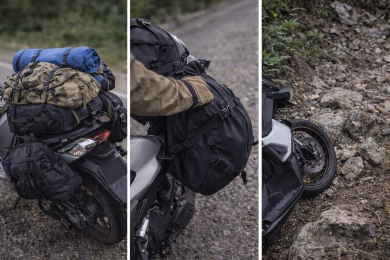 荷物を積みすぎた状態、バッグの固定が甘い状態、荒れた道で走行に苦戦する状況を並べて、初心者の失敗例をわかりやすく示したイメージ