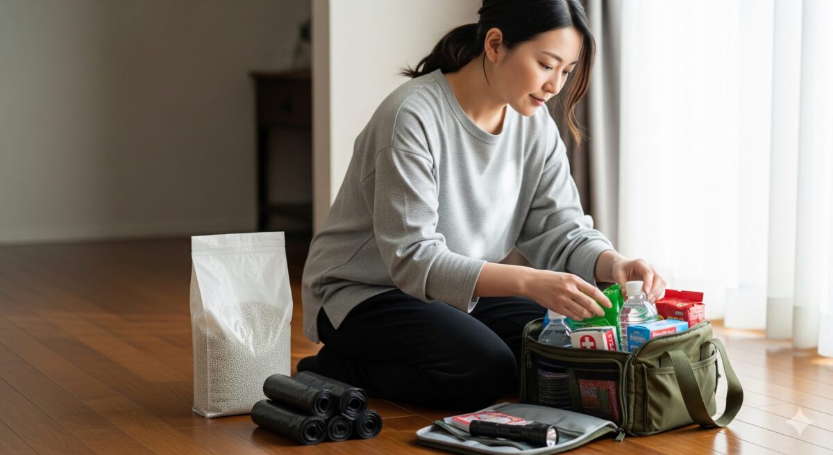 落ち着いたリビングのフローリングで、ゆったりとした部屋着姿の女性が非常用持ち出し袋を整理している様子。