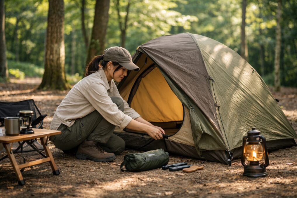 落ち着いた色合いのソロテントを女性キャンパーが林間サイトで設営している様子