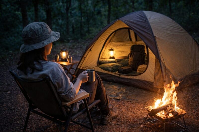落ち着いた雰囲気のソロテントで快適に過ごすキャンプサイトのイメージ