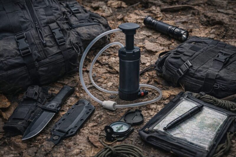 落ち葉の地面に携帯浄水器とアウトドア装備を並べ、耐久性を重視した使用環境を表現したイメージ