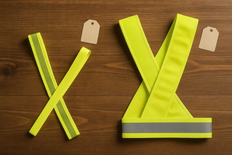 薄手の100均タスキと厚手の高耐久タスキを並べ、価格と耐久性の違いを表現したイメージ。