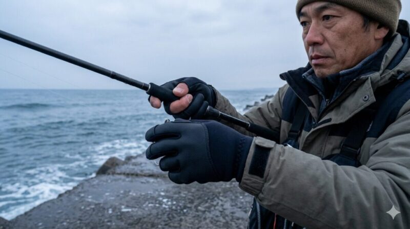 薄暗い朝まずめ、防寒グローブで釣り竿を握る釣り人。