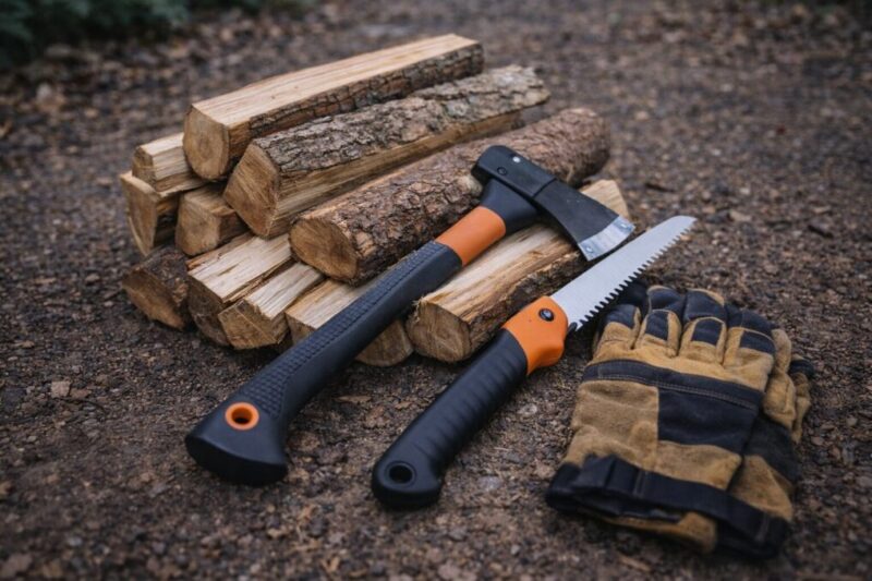 薪と斧、ノコギリ、手袋を並べて、作業を安全に始める準備をしたイメージ