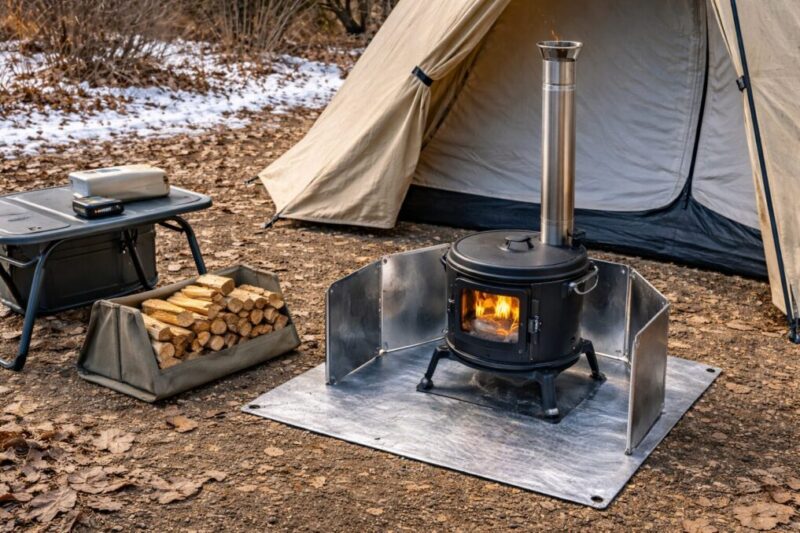 薪ストーブとテントやタープの距離を取りながら遮熱対策をしている様子