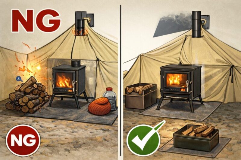 薪ストーブのテント火事につながるNG設営例を比較した画像