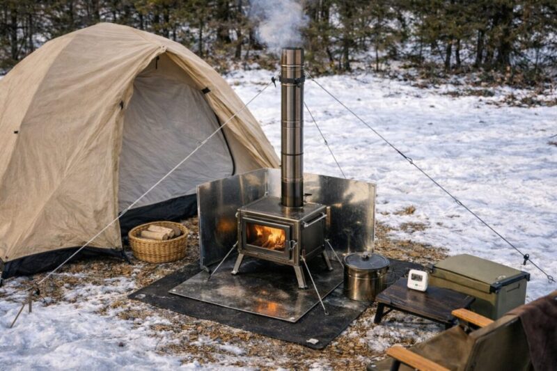 薪ストーブの煙突を固定ワイヤーで3点張りして強風対策している様子