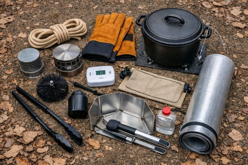 薪ストーブをテントの外で使うための耐熱シートや火消し壺、グローブ、煙突用品などの安全装備を並べた様子