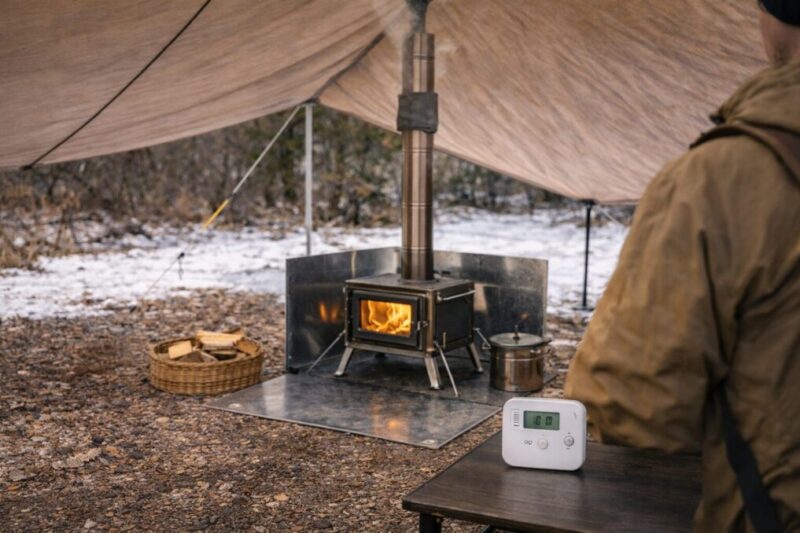 薪ストーブをテントの外で使う際に一酸化炭素対策として警報器を準備している様子