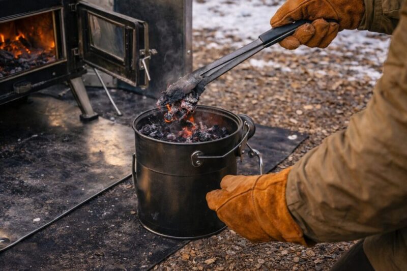 薪ストーブ使用後に火消し壺へ炭を移し安全に処理している様子