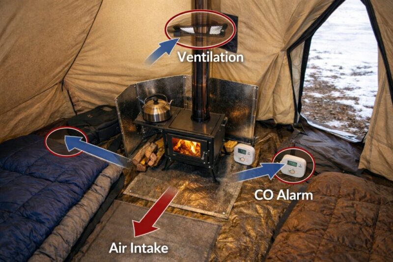 薪ストーブ使用時に換気の通り道と一酸化炭素警報器の設置位置を示したテント内のイメージ