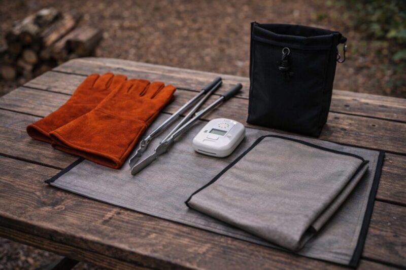 薪ストーブ外運用に必要な安全装備をまとめて準備している様子。