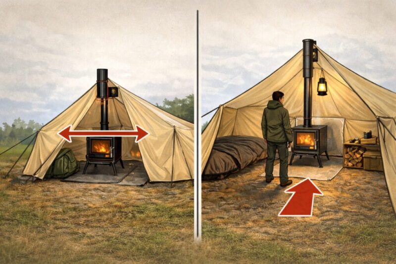 薪ストーブ対応テントで安全な動線と煙突位置を確保しやすい構造の例