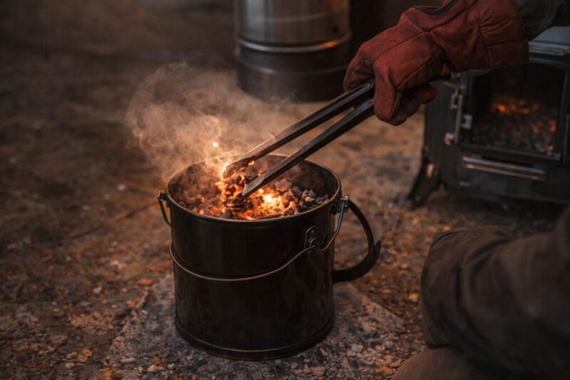 薪ストーブ撤収前に火種を安全に処理している消火作業の様子