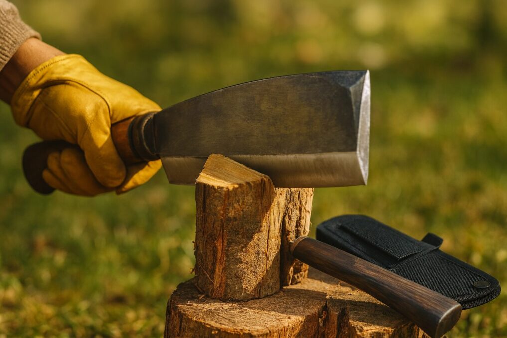 薪割り台で手袋をした手がナタで細薪を割り始める瞬間のクローズアップ