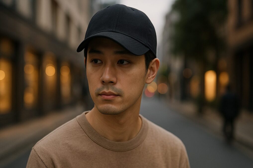 街に溶け込むロゴなし黒キャップの着用イメージ