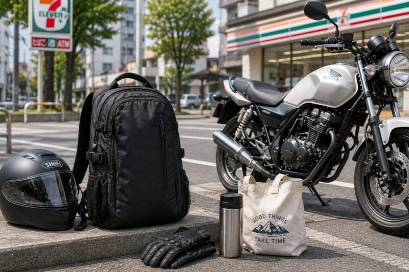 街乗りや短距離ツーリングに使いやすい黒いリュックをバイクやヘルメット、買い物用バッグと一緒に置いた様子