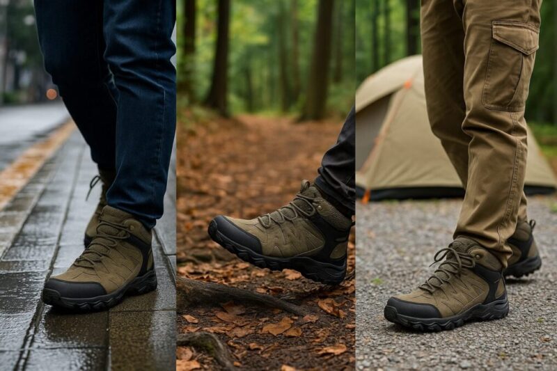 街歩き・低山・キャンプの3シーンで無地のミッドカット登山靴を履く日本人の足元を並べた比較イメージ