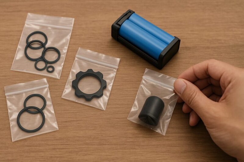 補修部品の例としてOリングやゴムキャップ、バッテリーパックを並べ、取り寄せ内容を確認している俯瞰イメージ。